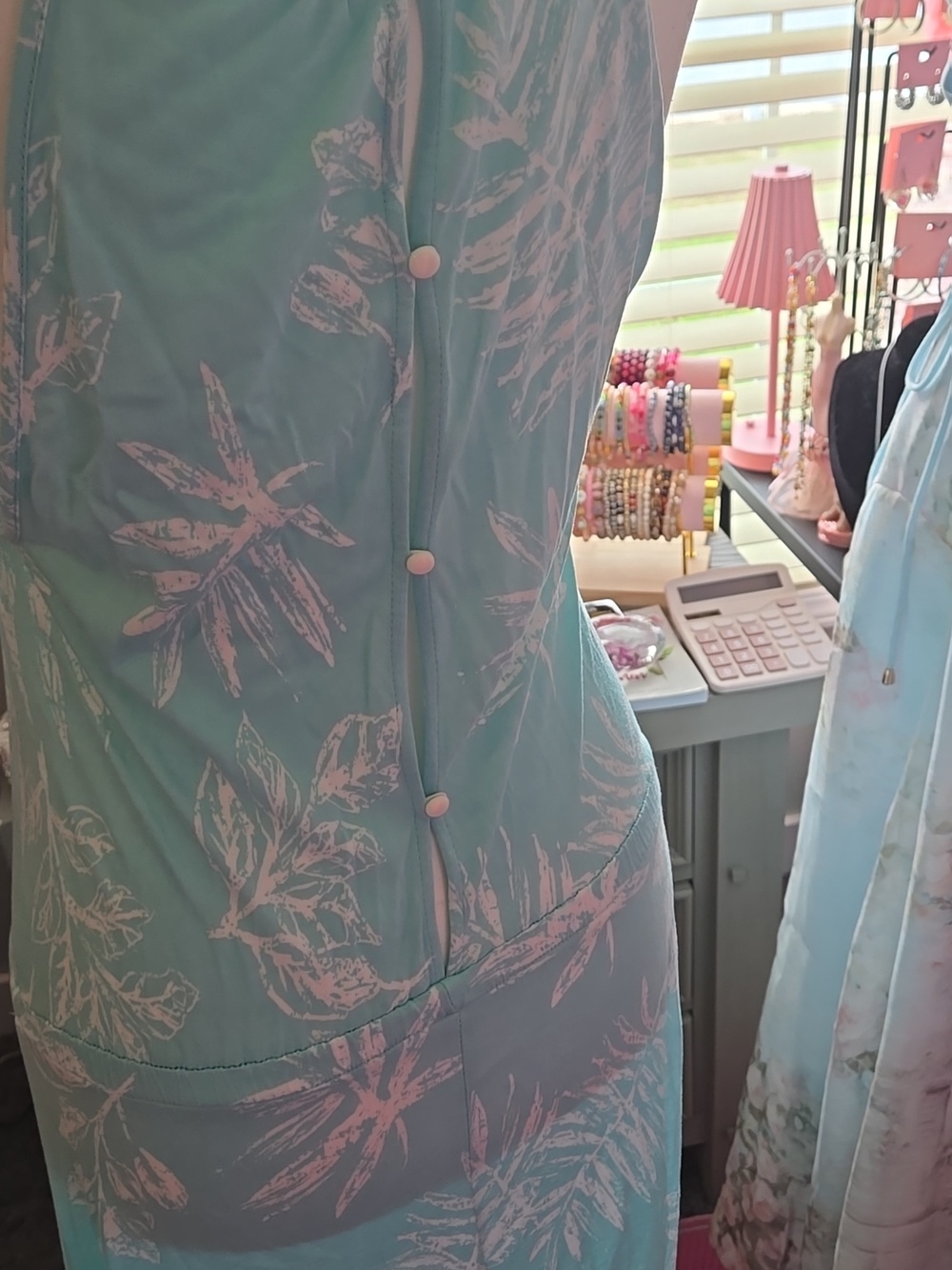 Light Aqua Floral Maxi Dress - Sleeveless Halter Style - Picture 7 of 10